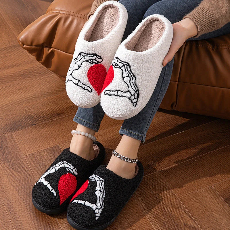 Halloween skull-hand non-slip slippers in white and black with suede uppers
