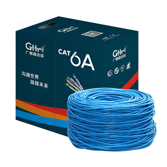 A reel of blue Category 6 network cable with oxygen-free copper core, showing the 305m length label.