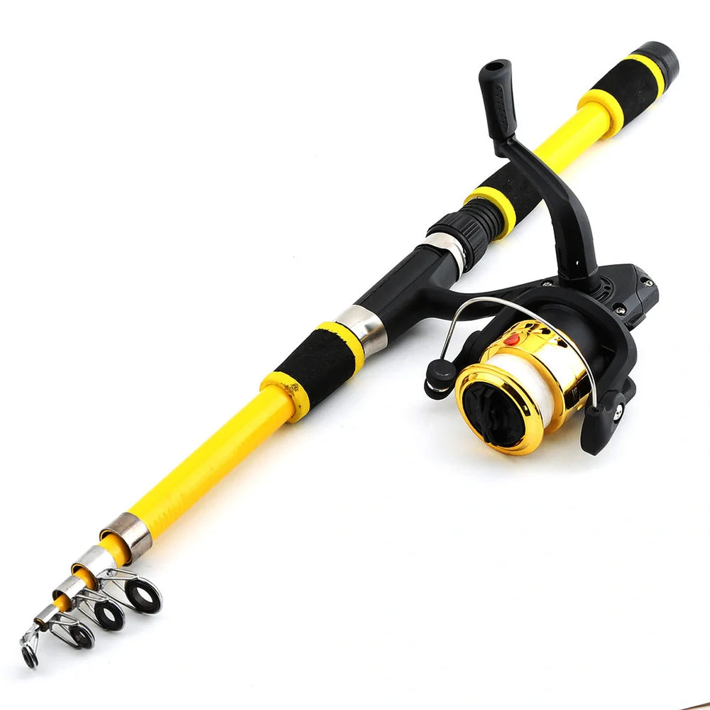 Children's fishing rod set with pole and wheel in four colour options including bait accessory box