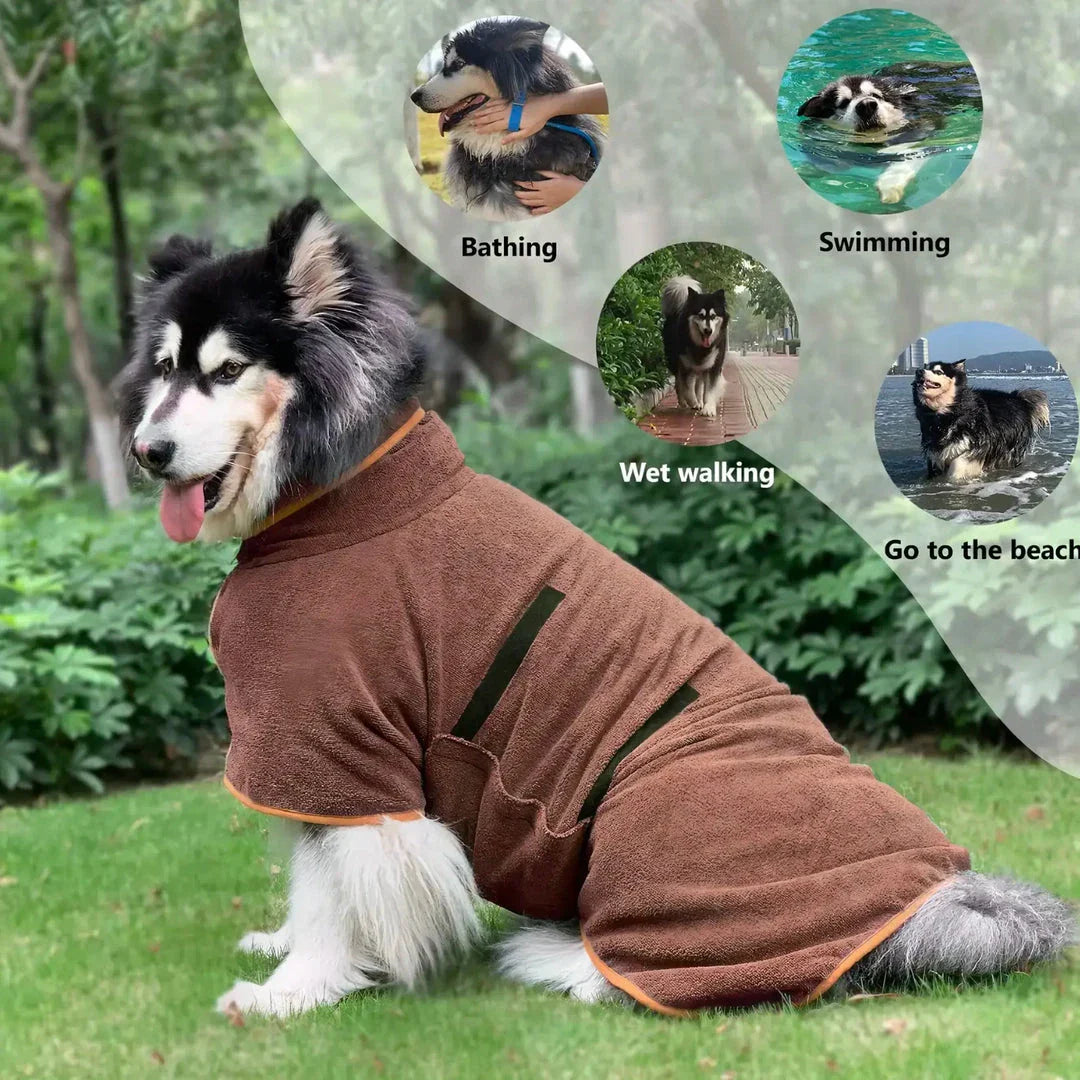 Plush microfiber dog bathrobe towel in gray, designed to keep your furry friend warm and dry after bath time