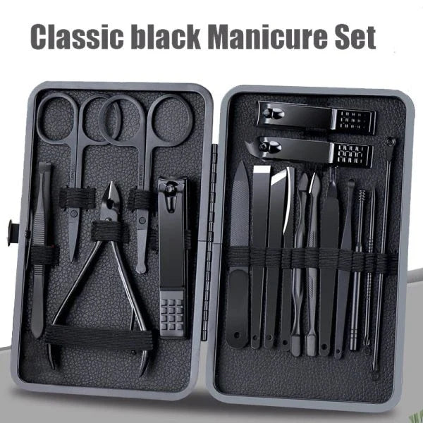 Premium black stainless steel nail clipper tool set with various grooming tools for precise and efficient nail care