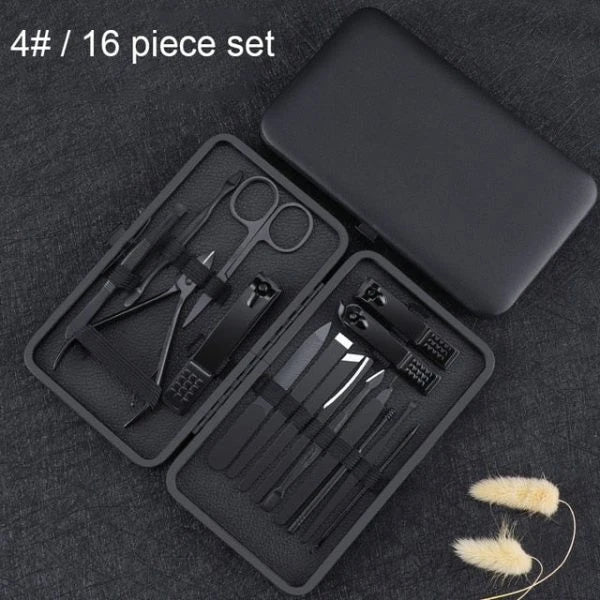 Premium black stainless steel nail clipper tool set with various grooming tools for precise and efficient nail care