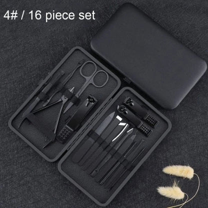 Premium black stainless steel nail clipper tool set with various grooming tools for precise and efficient nail care