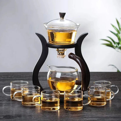 Lazy Kung Fu Glass Tea Set with Infuser and Magnetic Switch, a beautifully designed semi-automatic tea brewing system