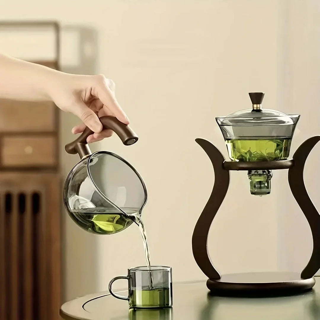 Lazy Kung Fu Glass Tea Set with Infuser and Magnetic Switch, a beautifully designed semi-automatic tea brewing system