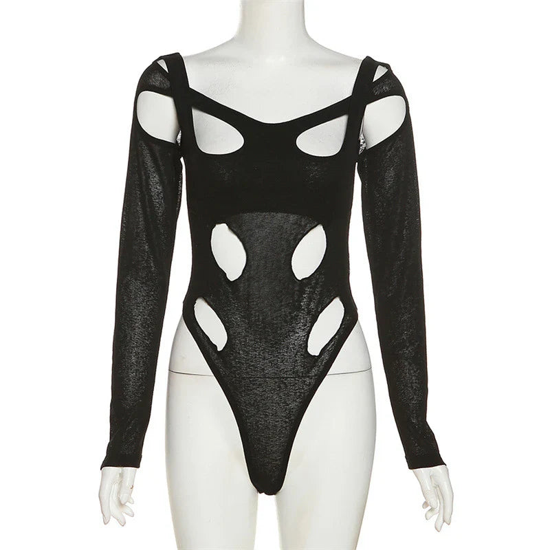 Irregular square collar long-sleeved high-waist jumpsuit with hollow holes in black color