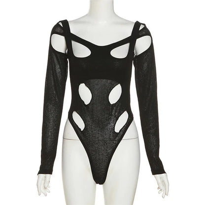 Irregular square collar long-sleeved high-waist jumpsuit with hollow holes in black color