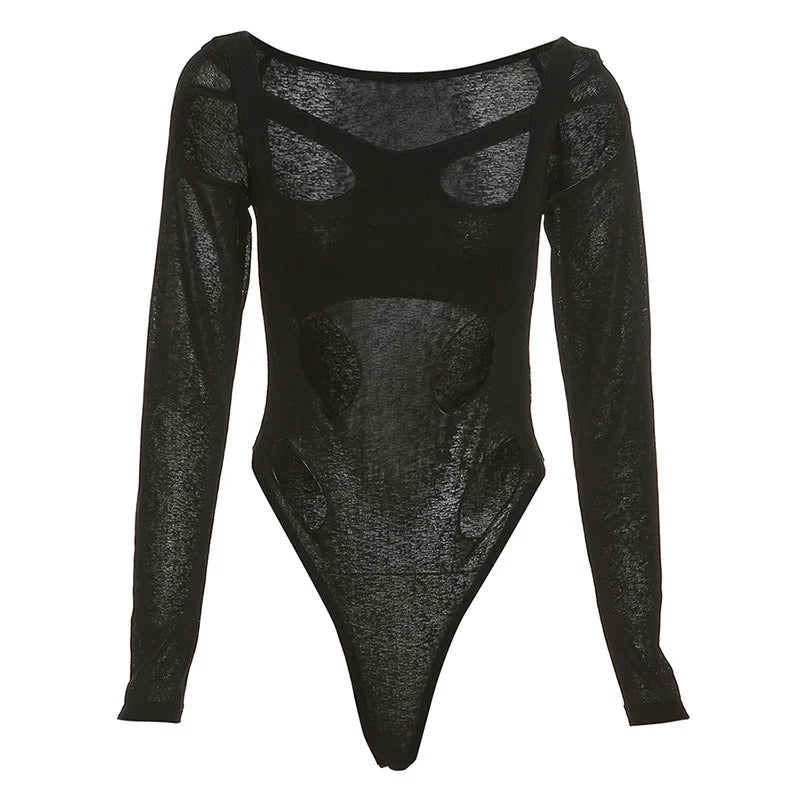 Irregular square collar long-sleeved high-waist jumpsuit with hollow holes in black color