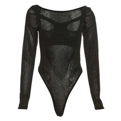 Irregular square collar long-sleeved high-waist jumpsuit with hollow holes in black color