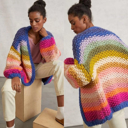Handmade rainbow striped contrast color thick needle sweater coat in a vibrant, oversized design