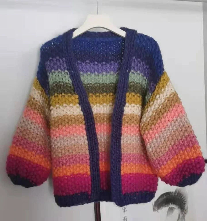 Handmade rainbow striped contrast color thick needle sweater coat in a vibrant, oversized design