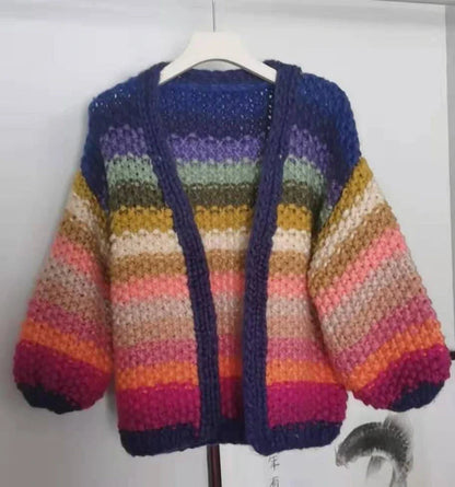 Handmade rainbow striped contrast color thick needle sweater coat in a vibrant, oversized design