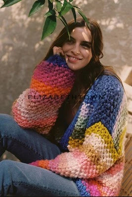 Handmade rainbow striped contrast color thick needle sweater coat in a vibrant, oversized design