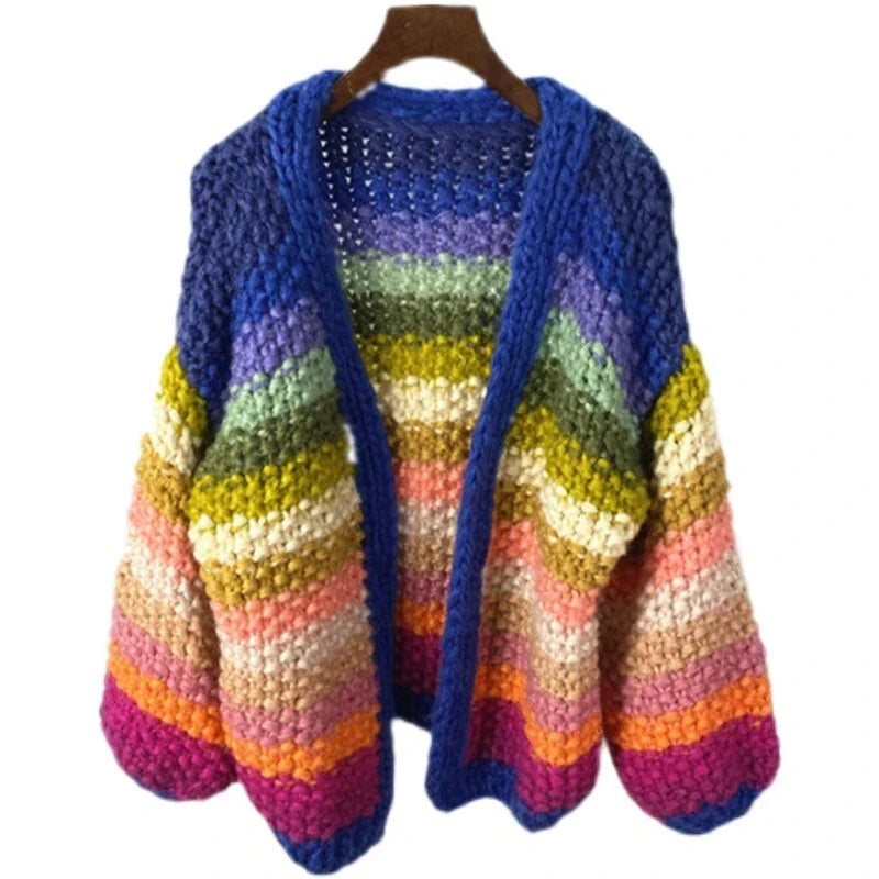 Handmade rainbow striped contrast color thick needle sweater coat in a vibrant, oversized design