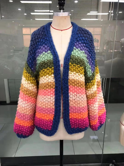 Handmade rainbow striped contrast color thick needle sweater coat in a vibrant, oversized design