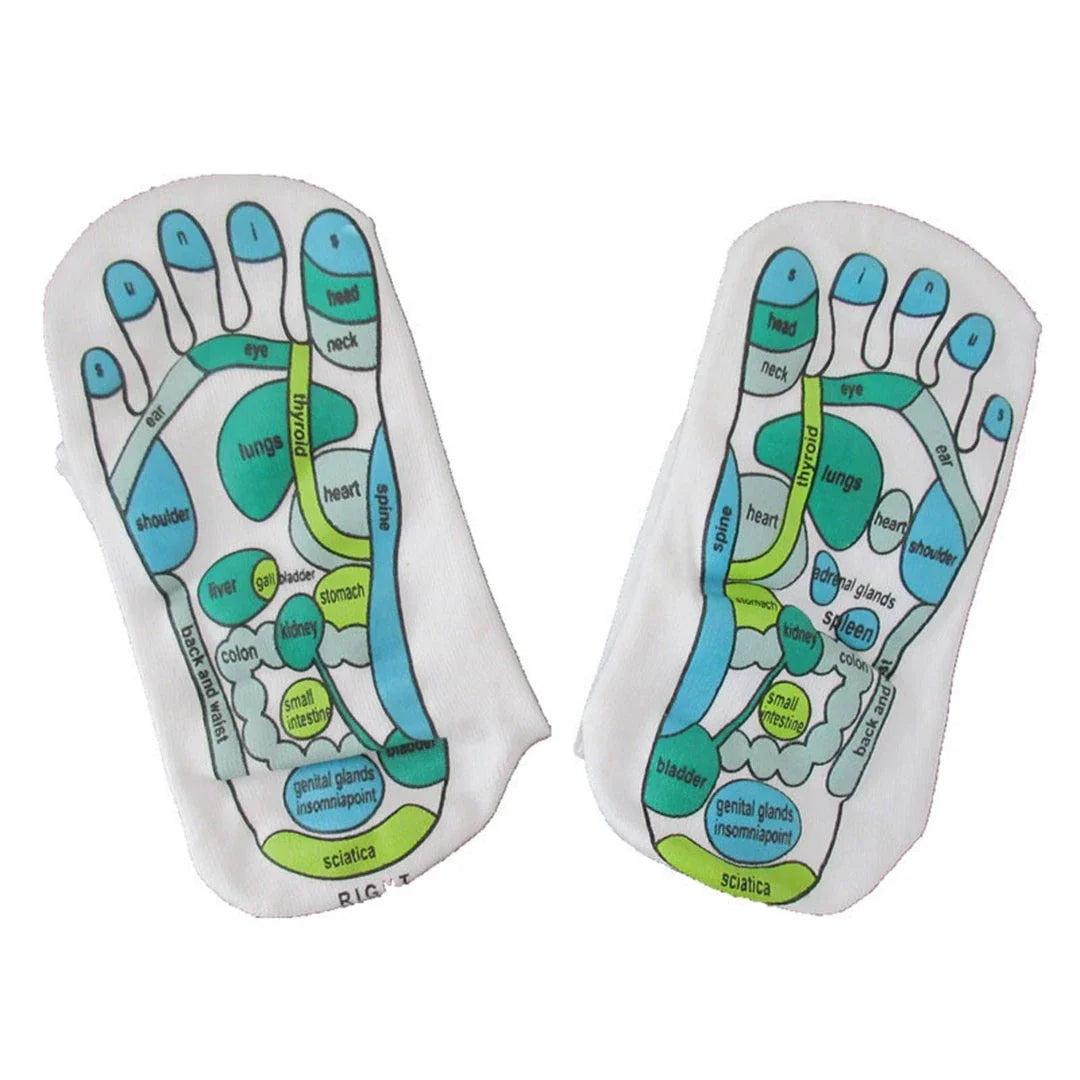 Pair of white acupressure massage reflexology socks with detailed foot illustration