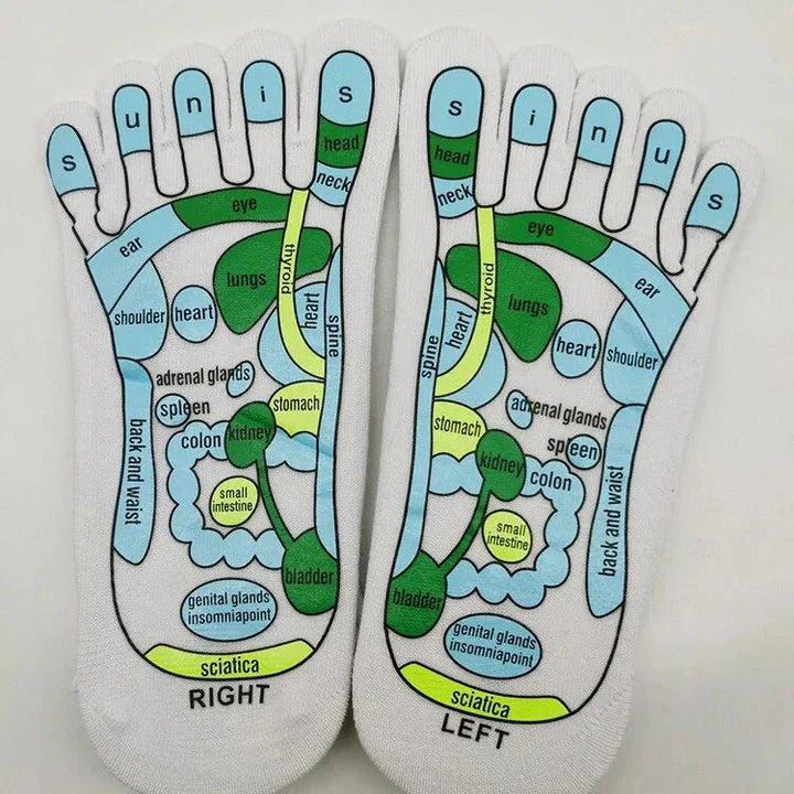Pair of white acupressure massage reflexology socks with detailed foot illustration