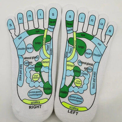 Pair of white acupressure massage reflexology socks with detailed foot illustration