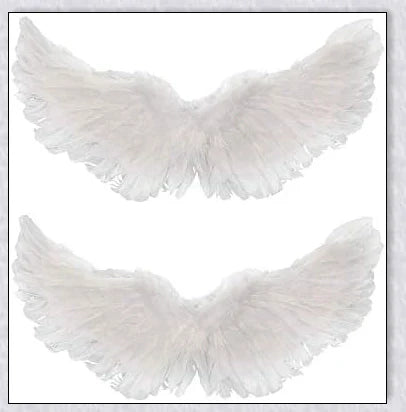 Pair of large, feathered wings in black and white colors, perfect for Halloween costumes and fantasy-themed events.