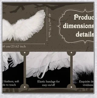 Pair of large, feathered wings in black and white colors, perfect for Halloween costumes and fantasy-themed events.
