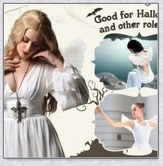 Pair of large, feathered wings in black and white colors, perfect for Halloween costumes and fantasy-themed events.