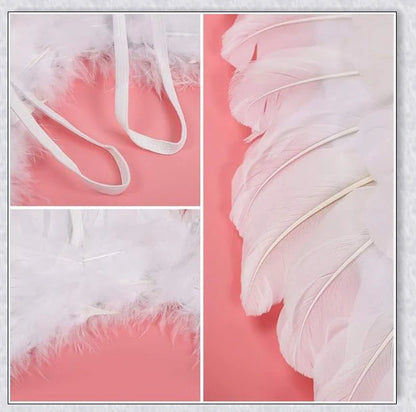 Pair of large, feathered wings in black and white colors, perfect for Halloween costumes and fantasy-themed events.