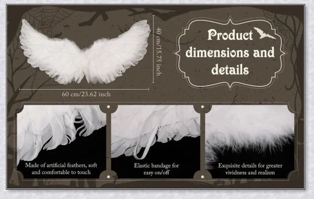 Pair of large, feathered wings in black and white colors, perfect for Halloween costumes and fantasy-themed events.