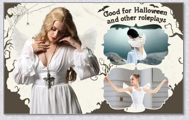 Pair of large, feathered wings in black and white colors, perfect for Halloween costumes and fantasy-themed events.