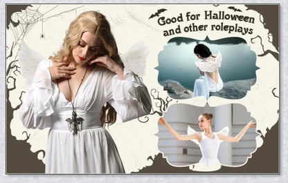 Pair of large, feathered wings in black and white colors, perfect for Halloween costumes and fantasy-themed events.