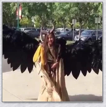 Pair of large, feathered wings in black and white colors, perfect for Halloween costumes and fantasy-themed events.
