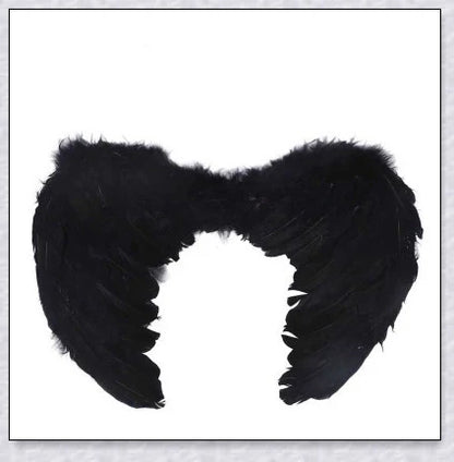 Pair of large, feathered wings in black and white colors, perfect for Halloween costumes and fantasy-themed events.