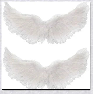 Pair of large, feathered wings in black and white colors, perfect for Halloween costumes and fantasy-themed events.
