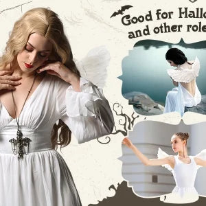 Pair of large, feathered wings in black and white colors, perfect for Halloween costumes and fantasy-themed events.