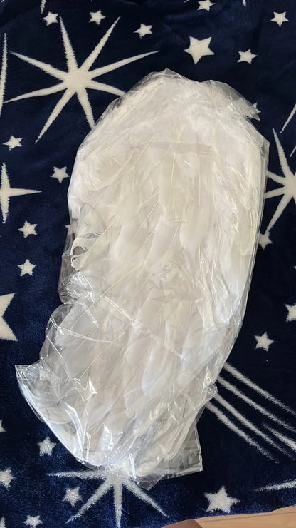 Pair of large, feathered wings in black and white colors, perfect for Halloween costumes and fantasy-themed events.