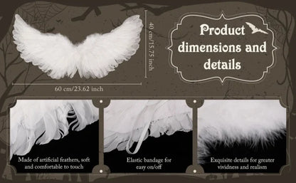 Pair of large, feathered wings in black and white colors, perfect for Halloween costumes and fantasy-themed events.