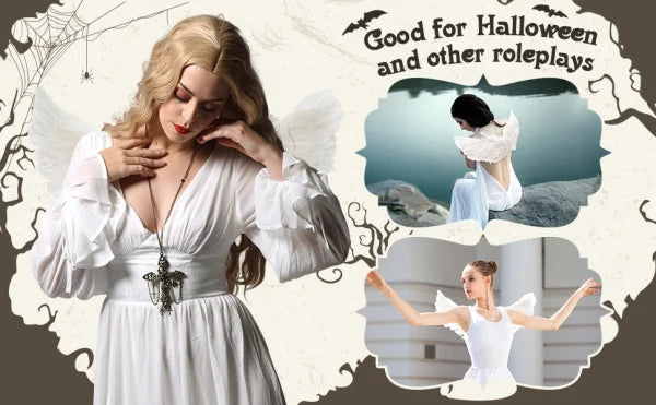 Pair of large, feathered wings in black and white colors, perfect for Halloween costumes and fantasy-themed events.