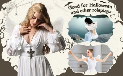 Pair of large, feathered wings in black and white colors, perfect for Halloween costumes and fantasy-themed events.