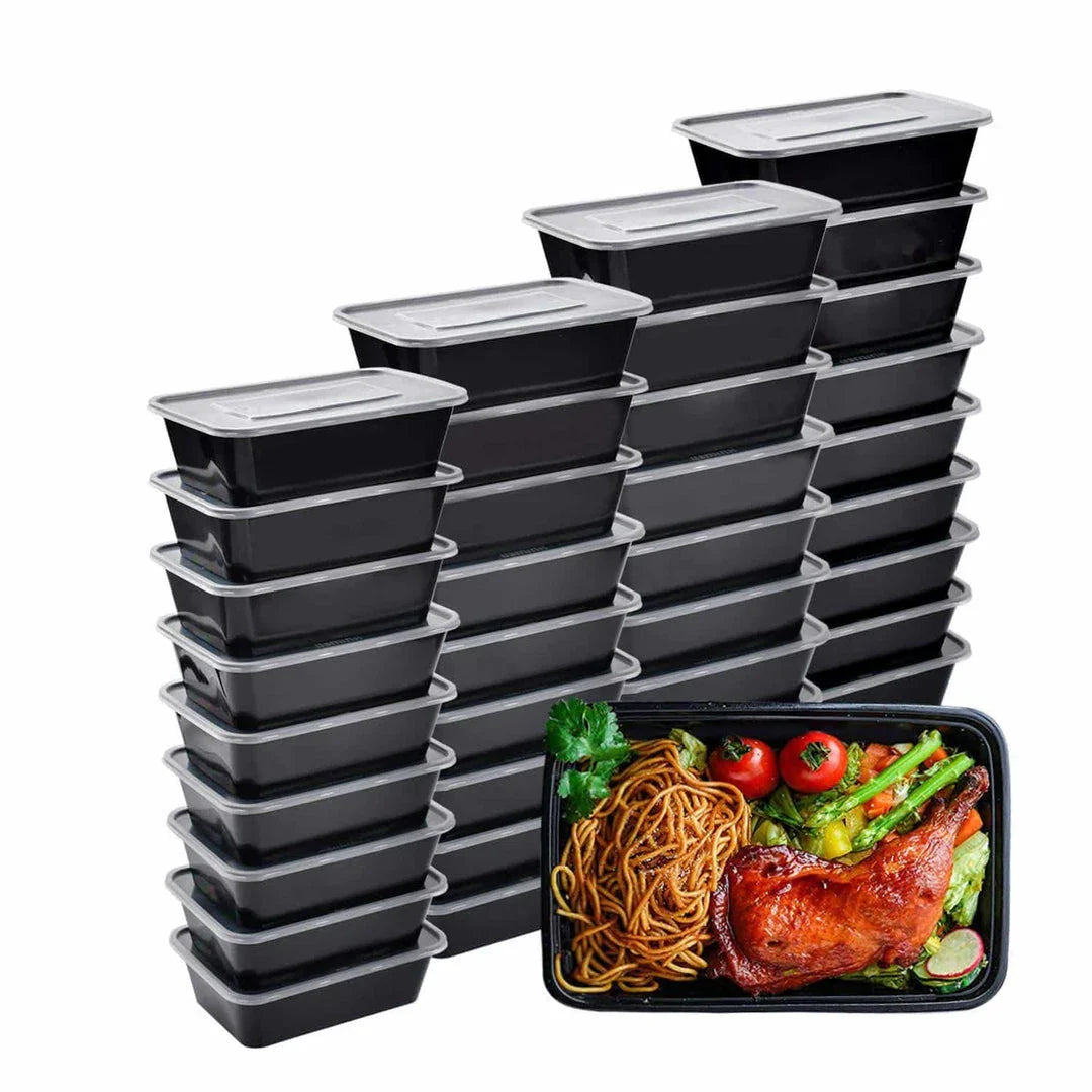 Disposable plastic containers with lids, perfect for meal prep, leftovers storage, and parties