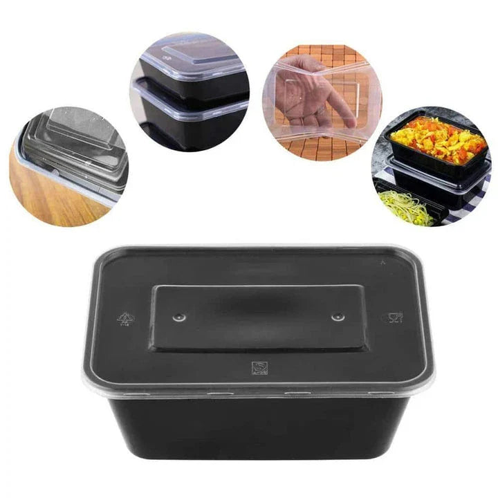 Disposable plastic containers with lids, perfect for meal prep, leftovers storage, and parties