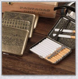 Retro pure copper hand-carved cigarette case for 20 cigarettes, featuring a vintage-inspired design and automatic pop-open lid.