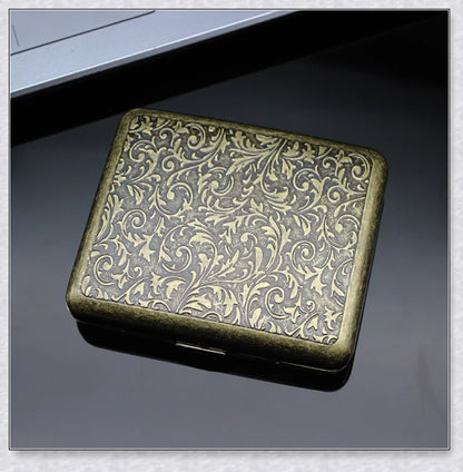 Retro pure copper hand-carved cigarette case for 20 cigarettes, featuring a vintage-inspired design and automatic pop-open lid.