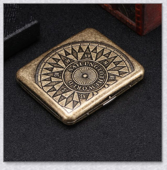 Retro pure copper hand-carved cigarette case for 20 cigarettes, featuring a vintage-inspired design and automatic pop-open lid.