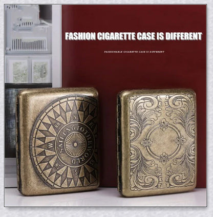 Retro pure copper hand-carved cigarette case for 20 cigarettes, featuring a vintage-inspired design and automatic pop-open lid.