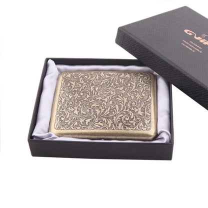 Retro pure copper hand-carved cigarette case for 20 cigarettes, featuring a vintage-inspired design and automatic pop-open lid.