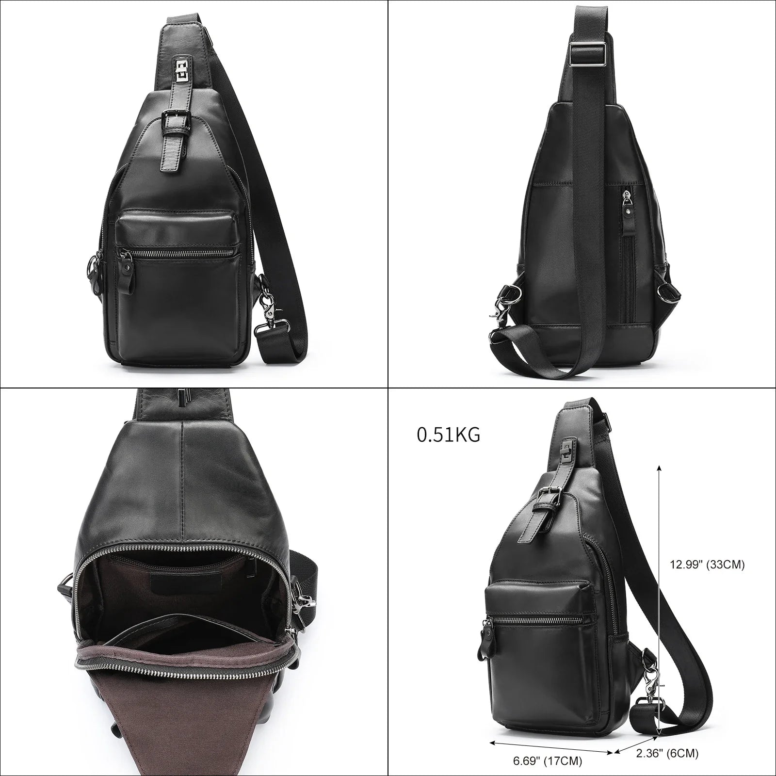 Men's leather chest bag crossbody in a sleek, vertical square design with multiple interior pockets for organized storage