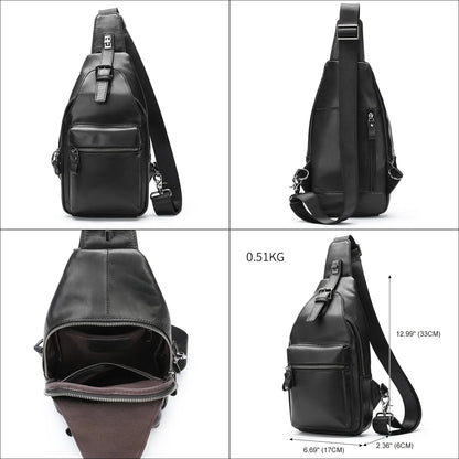 Men's leather chest bag crossbody in a sleek, vertical square design with multiple interior pockets for organized storage