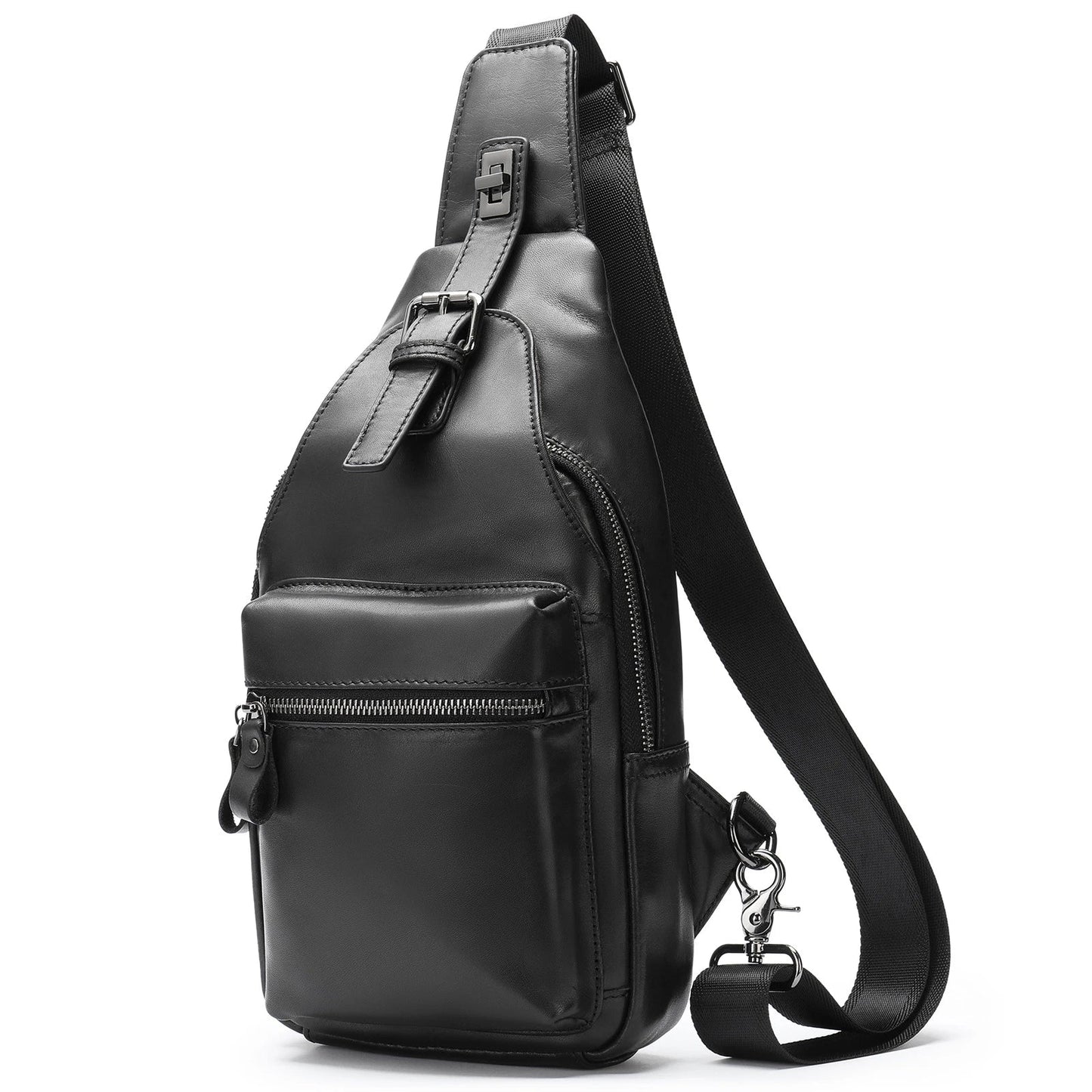 Men's leather chest bag crossbody in a sleek, vertical square design with multiple interior pockets for organized storage