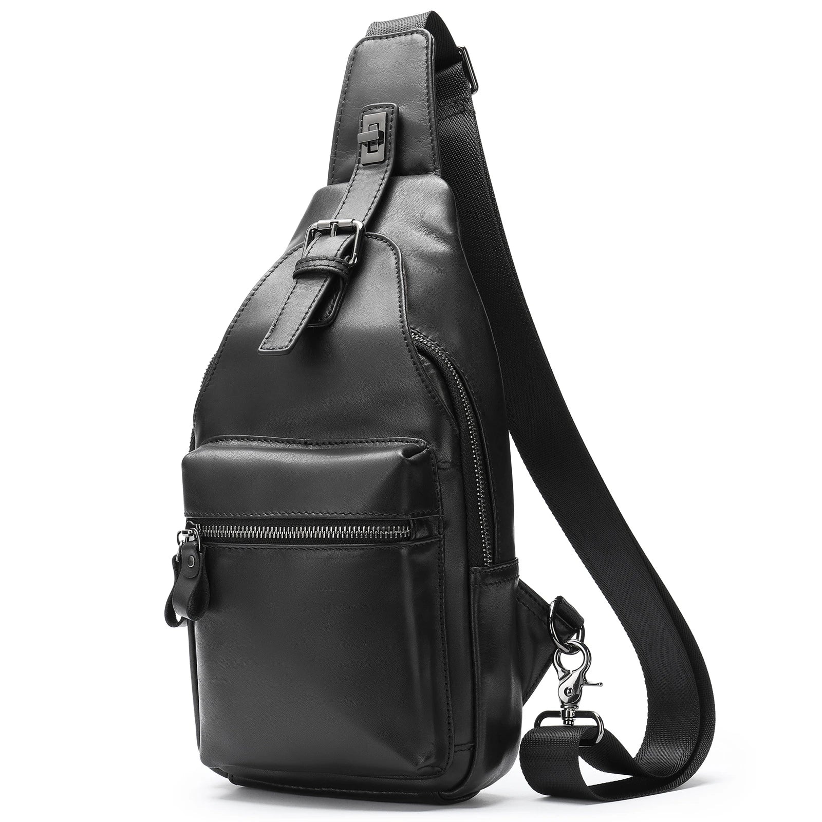 Men's leather chest bag crossbody in a sleek, vertical square design with multiple interior pockets for organized storage