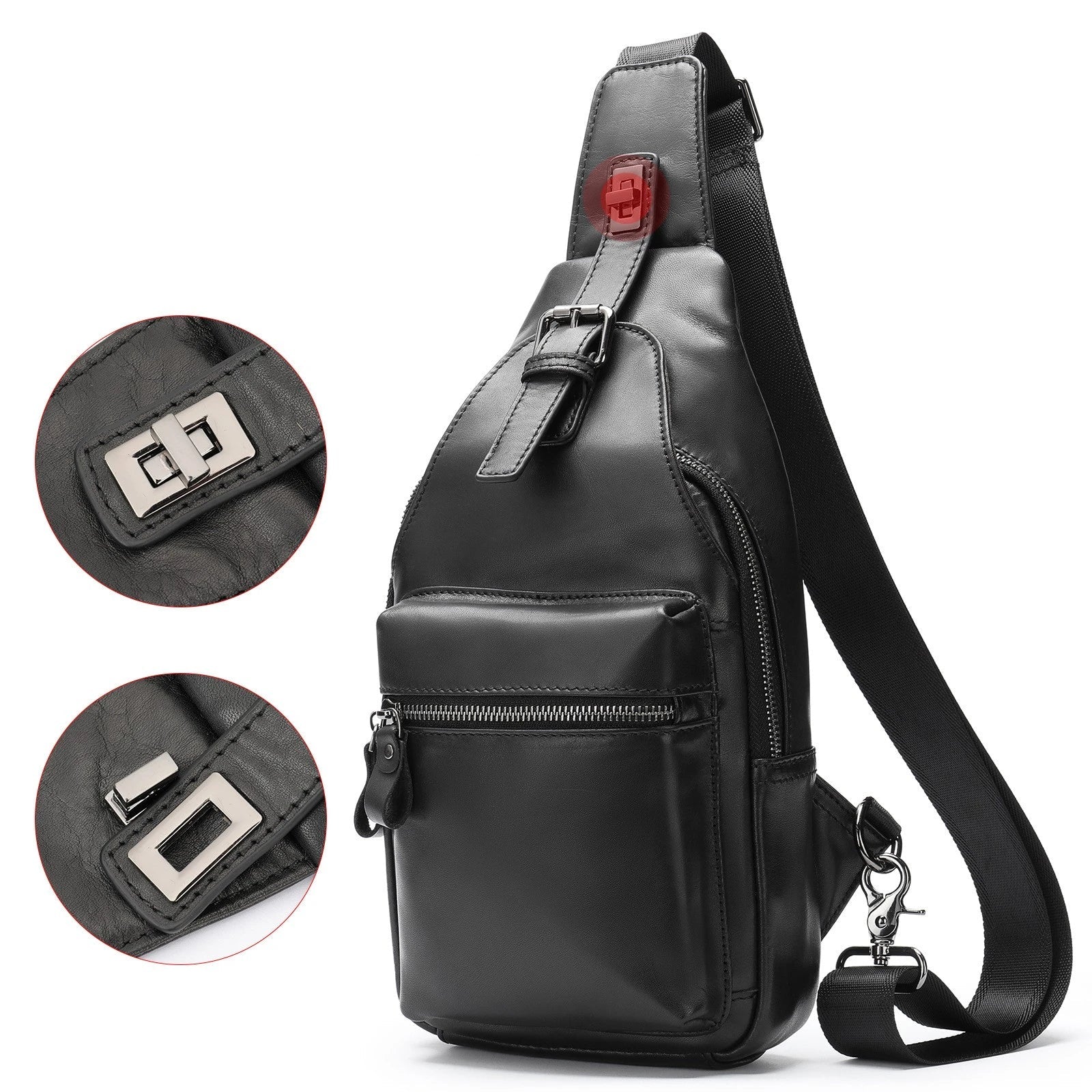Men's leather chest bag crossbody in a sleek, vertical square design with multiple interior pockets for organized storage