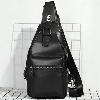 Men's leather chest bag crossbody in a sleek, vertical square design with multiple interior pockets for organized storage